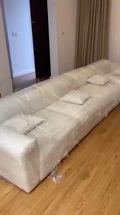 Wrapped sofa carried in on delivery day