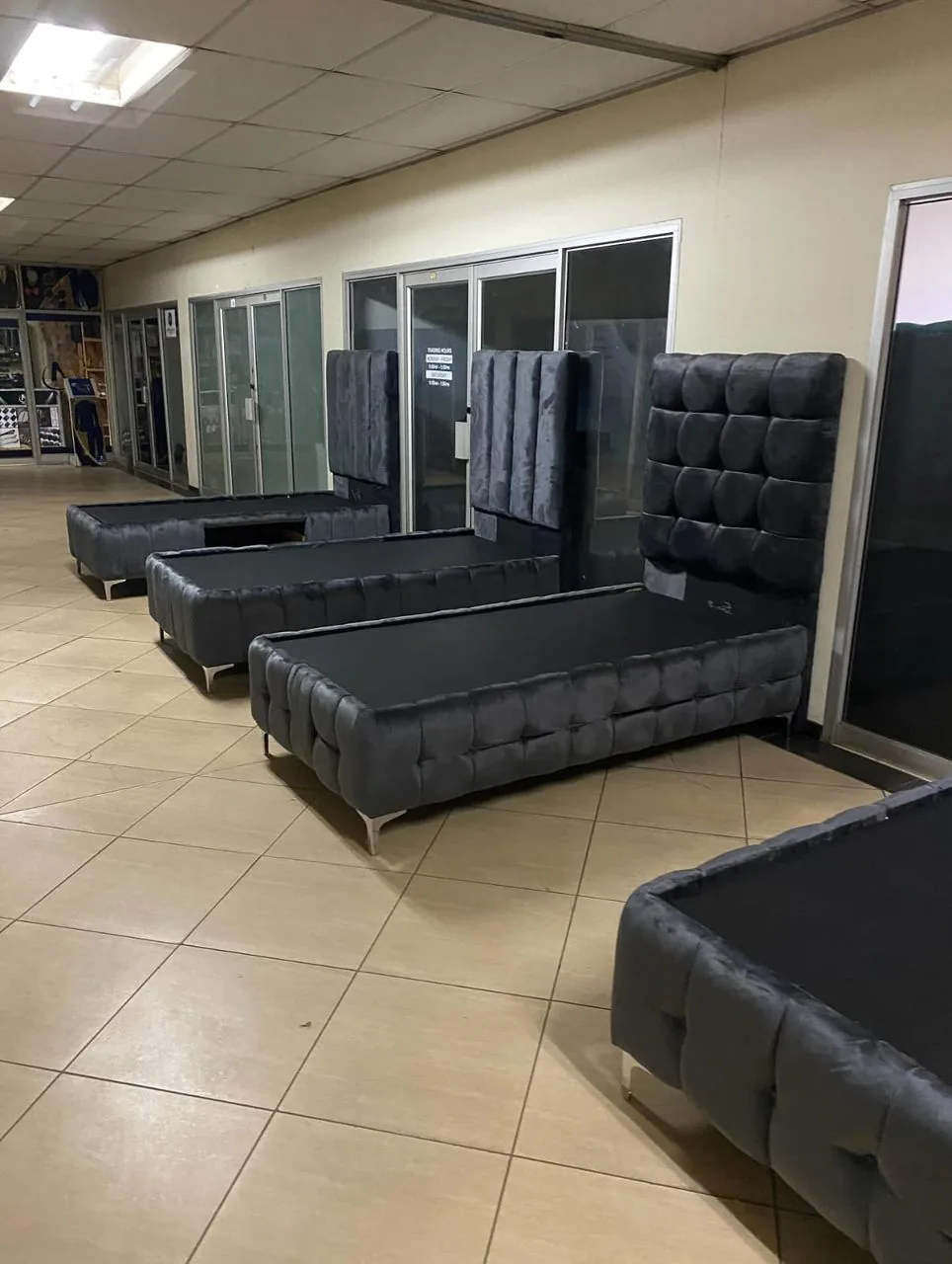 Velvet beds on display on the HomeStyle showroom floor